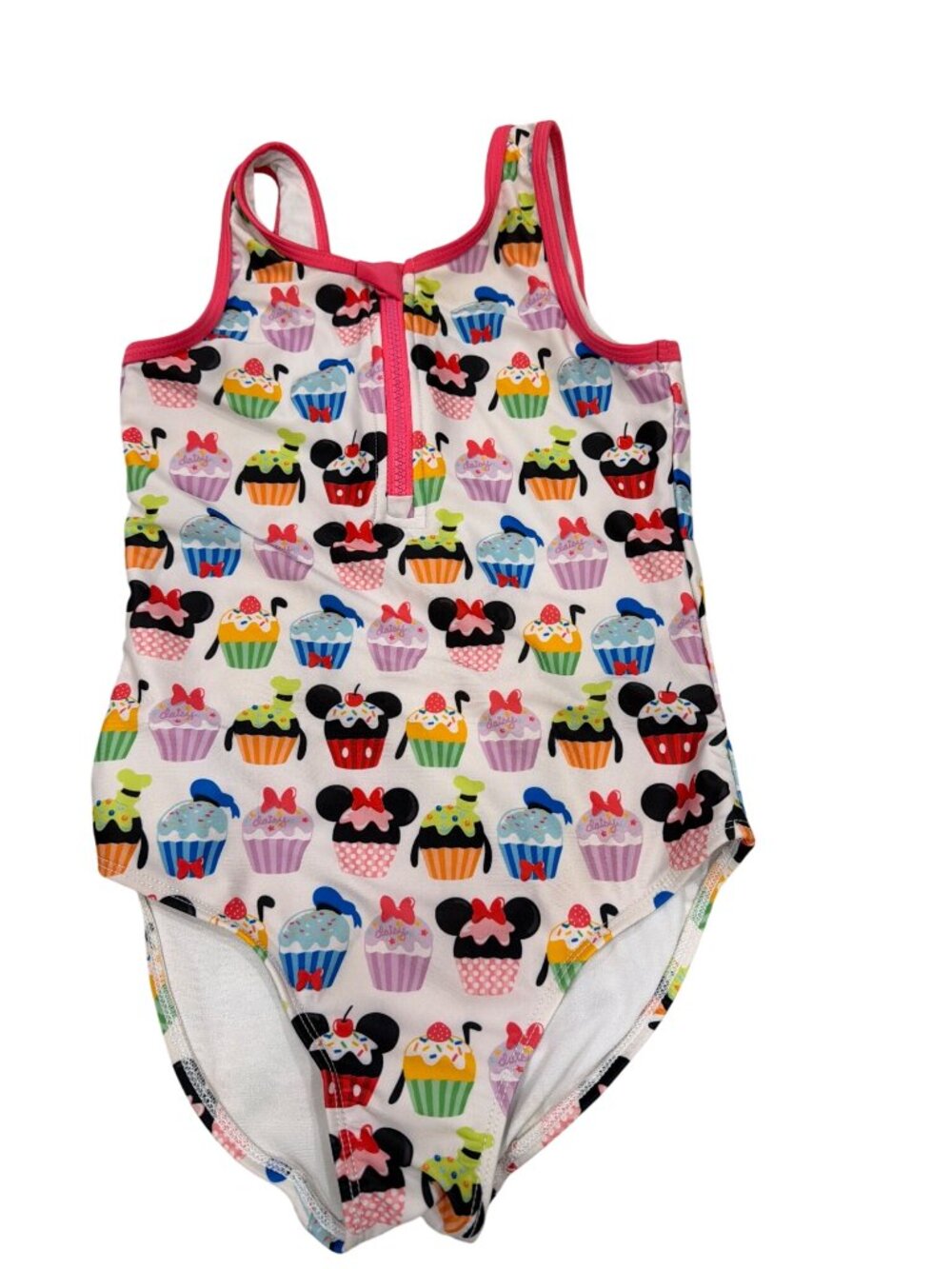 Disney Girls Minnie & Daisy Cupcake Print Swimsuit Pink Trim Size 9/10